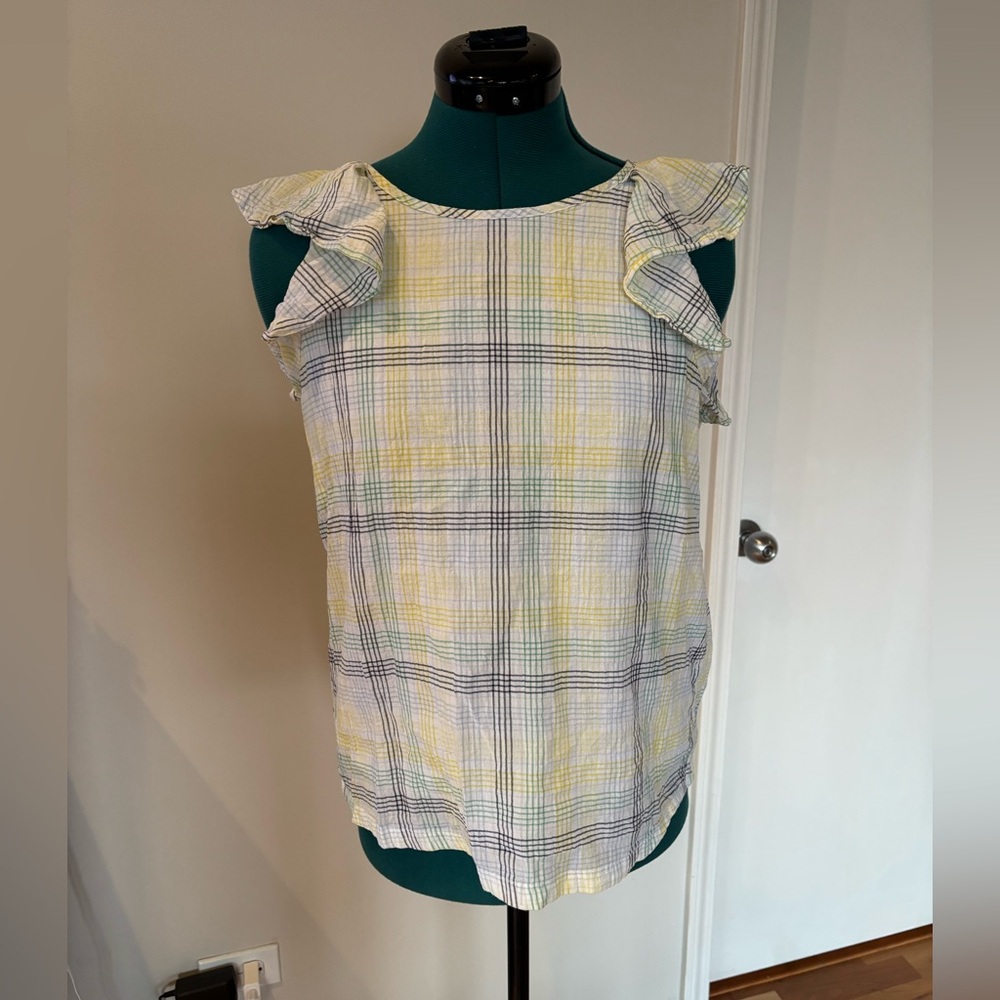 LOFT Yellow Plaid Ruffle Sleeve Blouse, Small